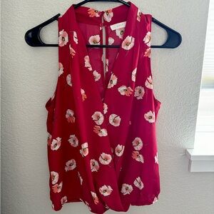Lush Pink & White Floral Sleeveless Surplice Blouse